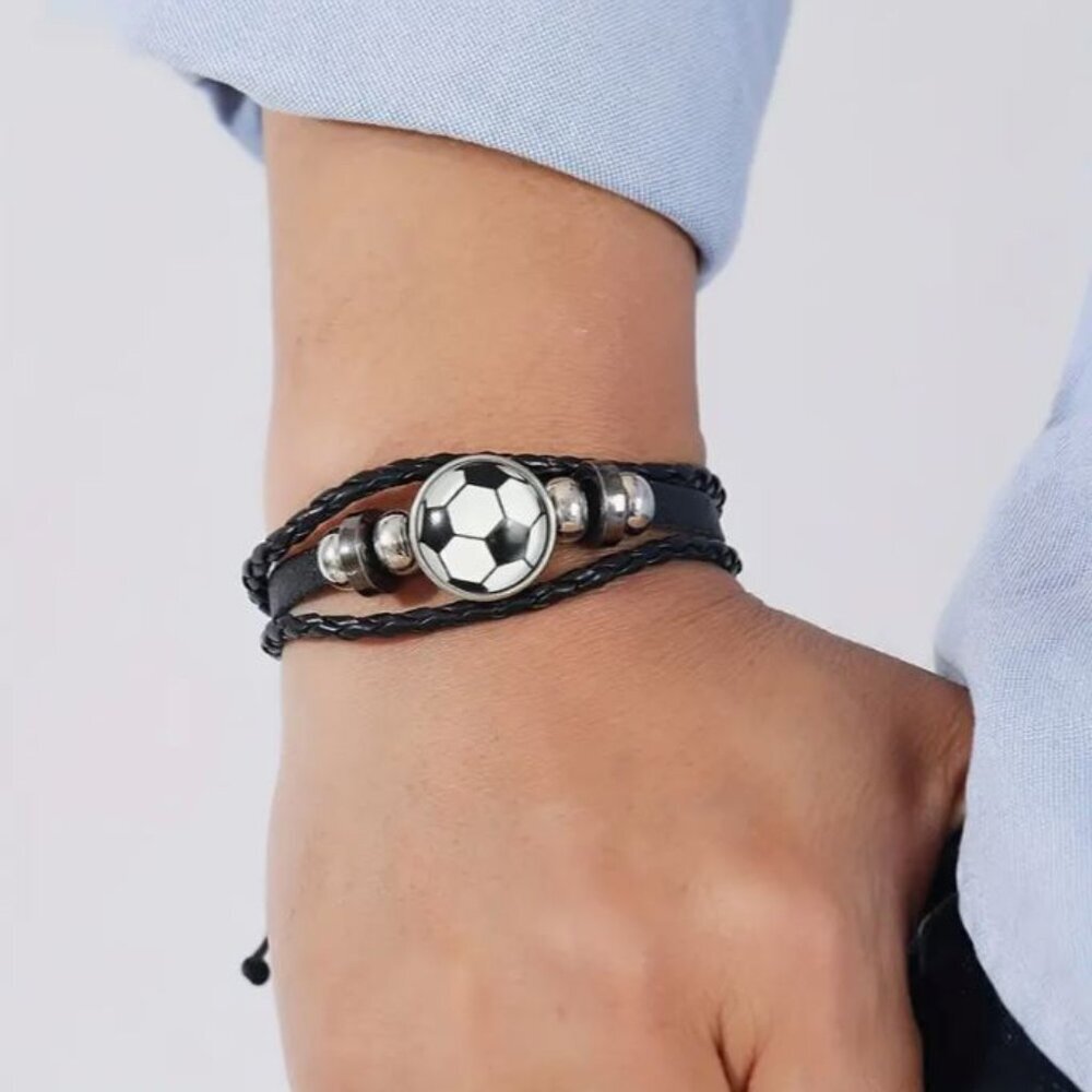 NEW Braided Beaded Bracelet Unisex Black Leather Soccer Ball Glass Cabochon